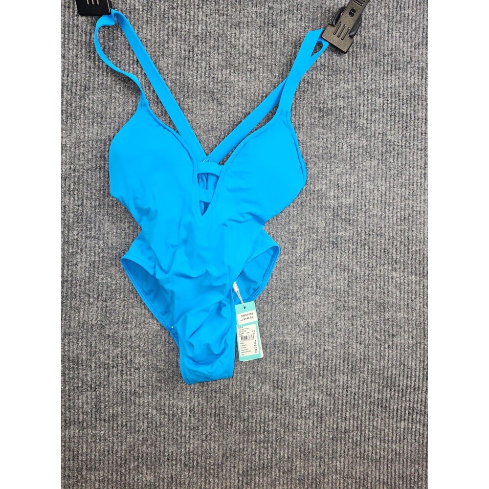 NWT   Sz 12 US Seafolly Anthropologie Active Deep V One Piece Electric Blue
